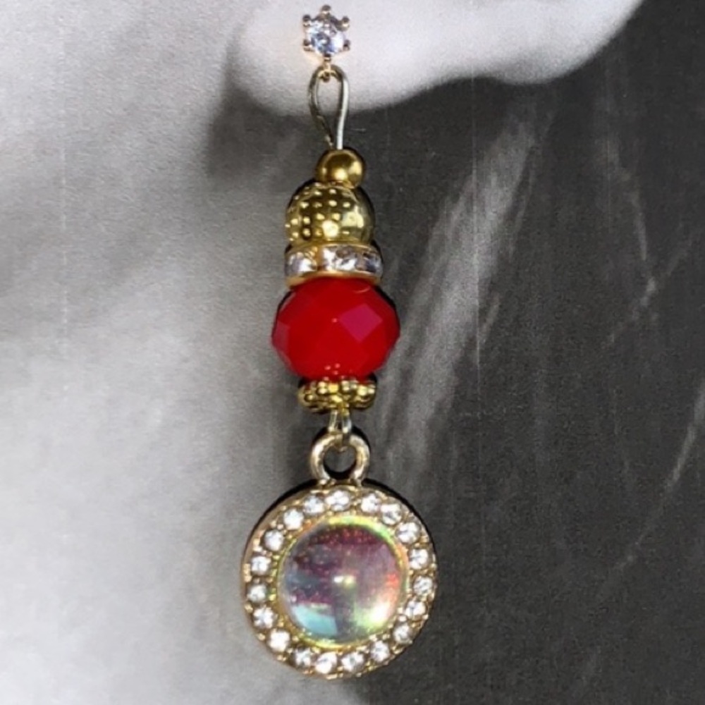 Handcrafted Red Drop Dangle Cubic Zirconia Stud Post Earrings w Mirror Pendant